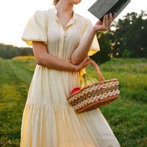 SHEIN Puff Sleeve Tiered Hem Solid Yellow Dress